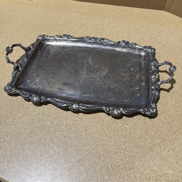 VTG Silverplate Serving Tray Ornate Scroll Handles 21.5x14 Unmarked - Picture 1 of 9